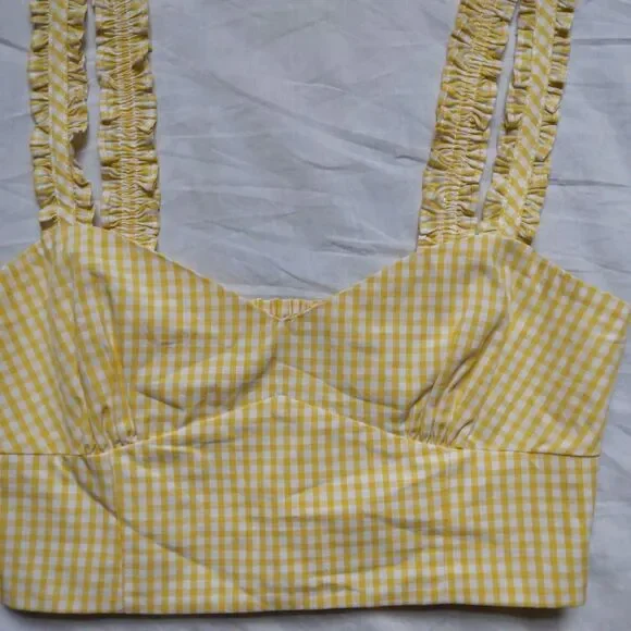 Zara Cropped Yellow White Gingham Tank Top Western Daisy Duke Boho Womens Small - Picture 5 of 12